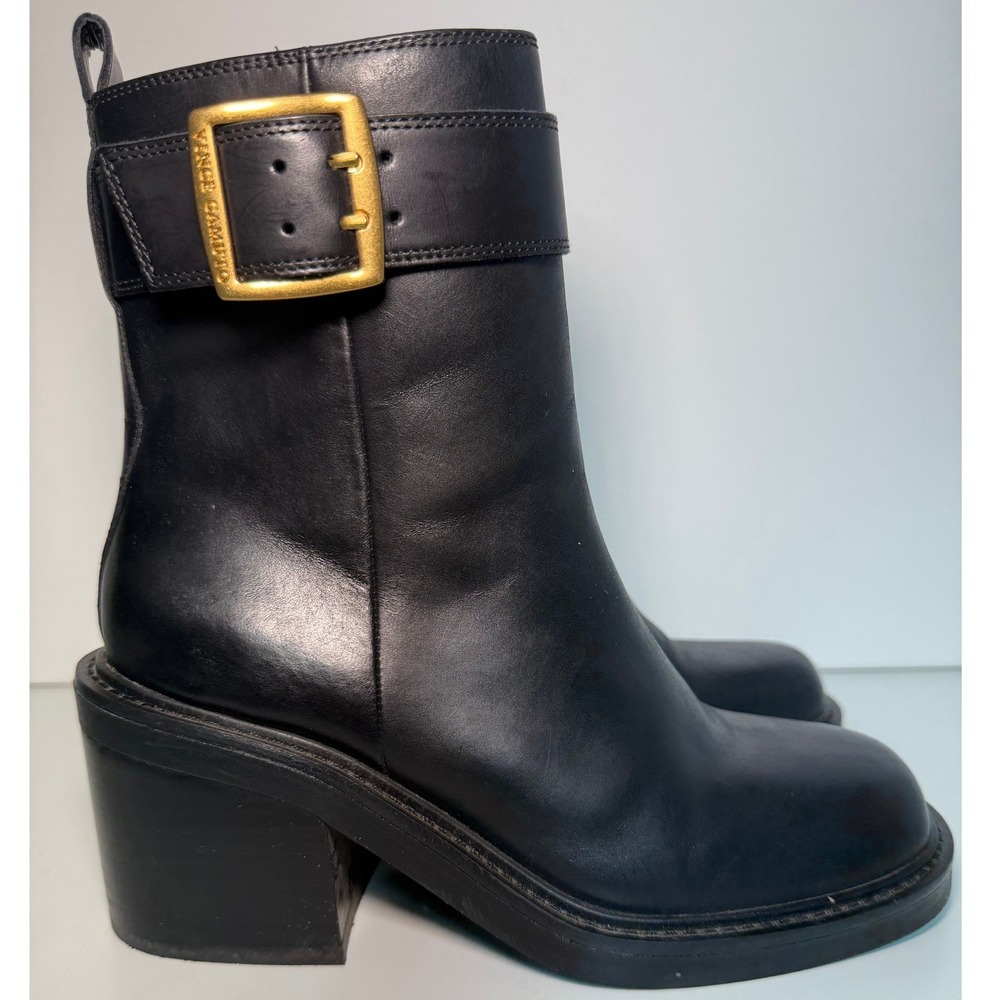 Vince Camuto Black Leather Moto Ankle Boots Gold Buckle Block‎ Heel Square Toe - Picture 5 of 15